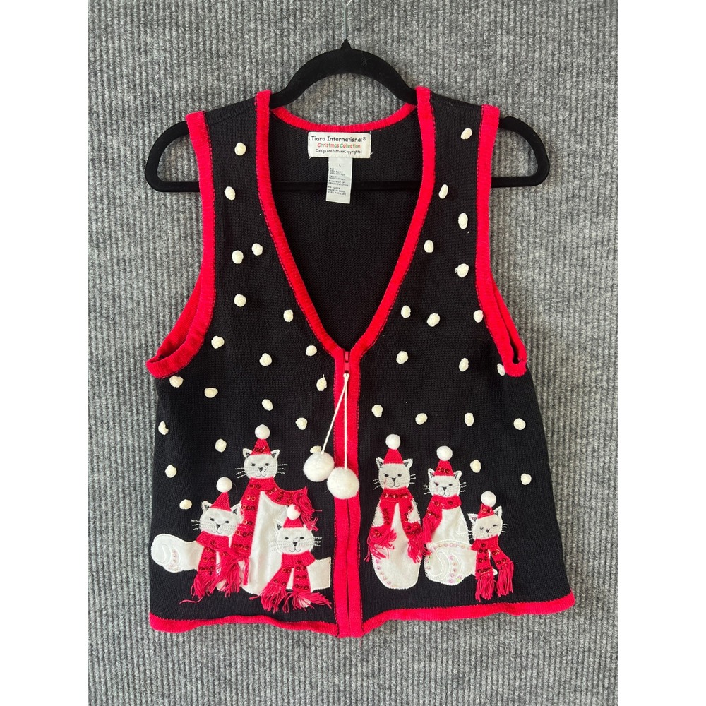 90s Tiara International Christmas Cat Sweater Vest Large 3D Pom Pom Kitty